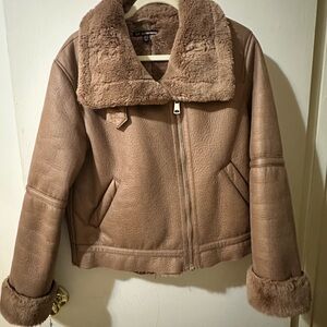 Zara Light Brown Leather Jacket with Plush Collar